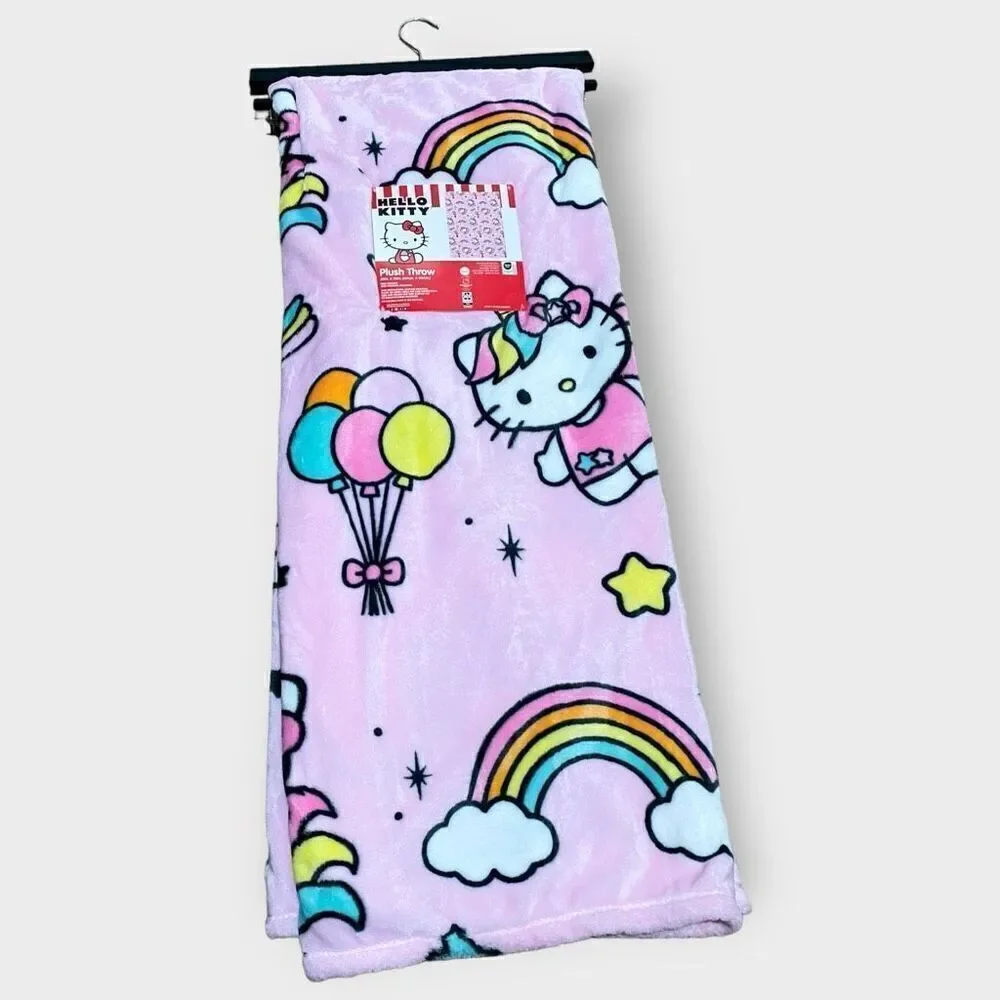 Hello Kitty Pink Unicorn Plush Throw Blanket 50”x70” Cloud Balloons Rainbows (a)